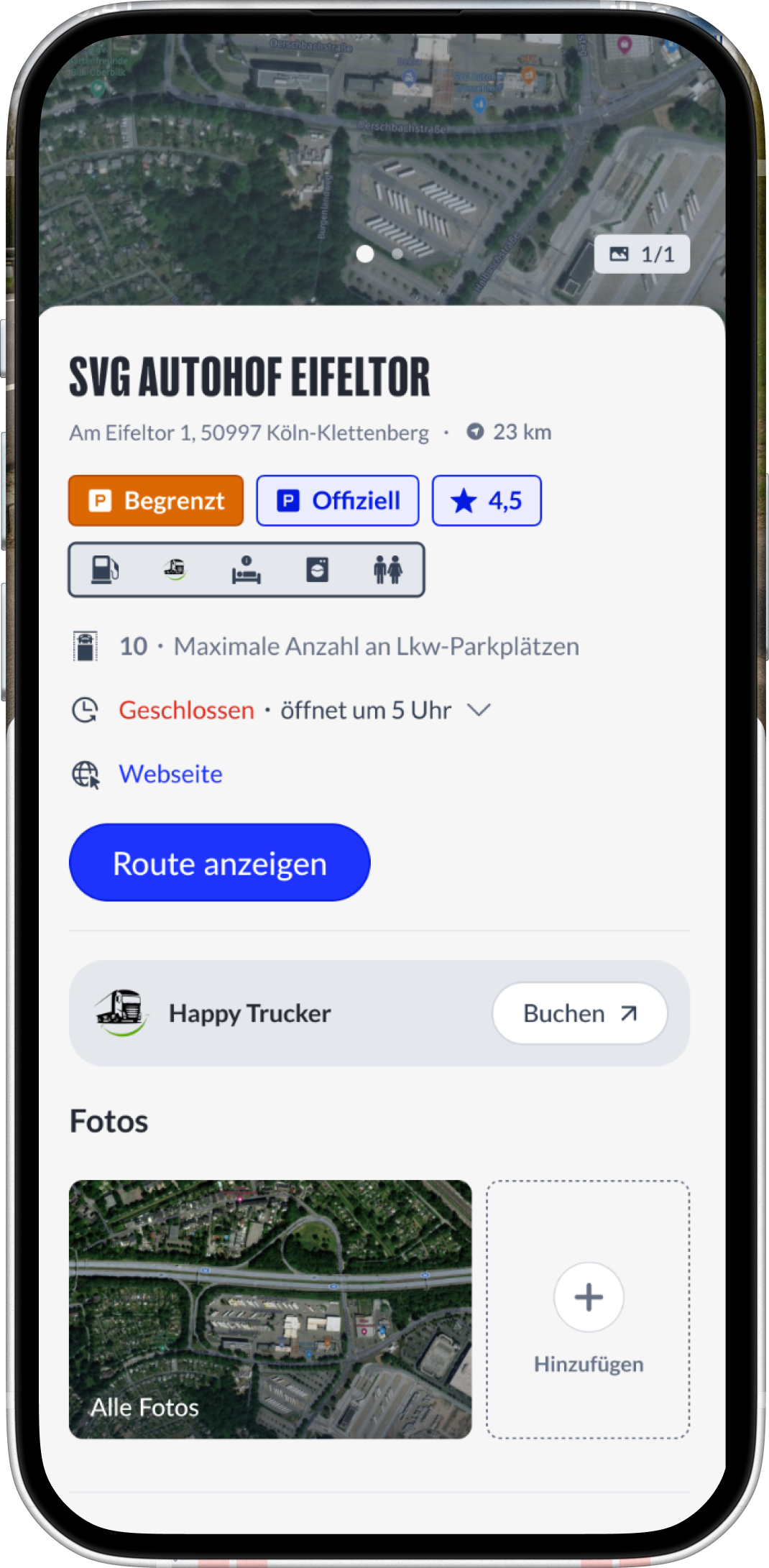 Screenshot von LKW.APP mit Happy-Trucker-Parkplatzdetailseite